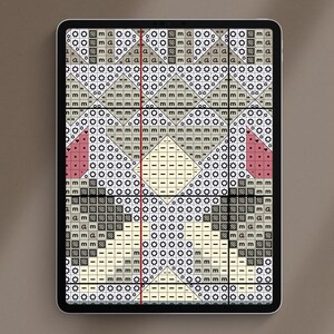 Op de afbeelding: Een digitaal kruissteekpatroon met een geometrisch ontwerp met een centrale ruitvorm. Het patroon gebruikt een verscheidenheid aan kleuren, waaronder zwart, wit, grijs, beige en roze.