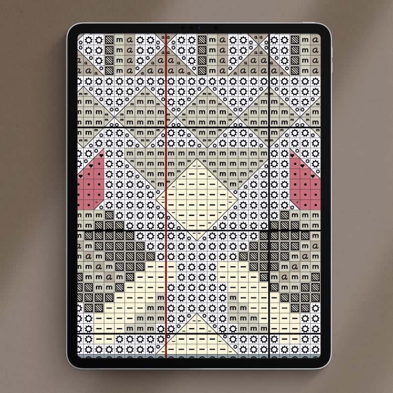 Op de afbeelding: Een digitaal kruissteekpatroon met een geometrisch ontwerp met een centrale ruitvorm. Het patroon gebruikt een verscheidenheid aan kleuren, waaronder zwart, wit, grijs, beige en roze.