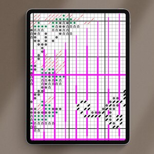 May include: A digital cross-stitch pattern displayed on a tablet. The design features a grid with various symbols in black, green, and red, accented by bright pink vertical and horizontal lines. The tablet is set against a neutral background.