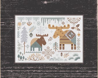 Majestic Moose Cross-Stitch Pattern, A serene winter forest brought to life, Snowy Wilderness, Rustic Winter Moose Needlework, DIY