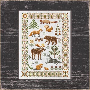 Nature's Harmony: Forest Animals Cross Stitch Design - DIY Crafting Delight, Sampler Forest animals, Charming Wildlife Cross Stitch Sampler