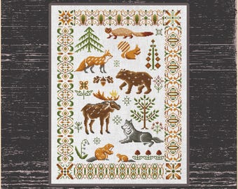 Armonía de la Naturaleza: Diseño de Punto de Cruz de Animales del Bosque - Un Deleite para Manualidades, Muestrario de Animales del Bosque, Encantador Muestrario de Punto de Cruz de Vida Silvestre
