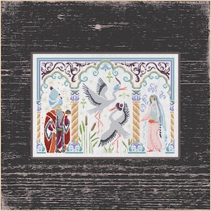 May include: Cross-stitch artwork featuring a Middle Eastern theme. The design includes a man in a red and gold robe, a woman in a pink dress and veil, and two storks. The background has an ornate archway and floral elements.