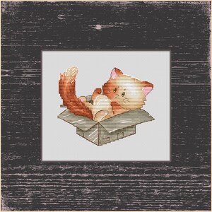 Ginger Kitten-kruissteekpatroon - speelse kat in kartonnen doos - DIY-borduurproject, charmante kat - speelse kat in kartonnen doos