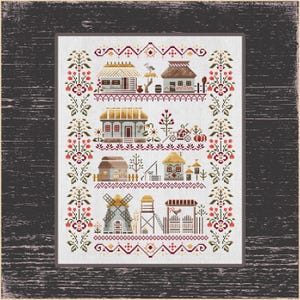 Ukrainian Village Sampler Cross Stitch Pattern: Quaint Countryside Charm, Folk Art Inspired, Rustic Windmill, Charming Village Sampler