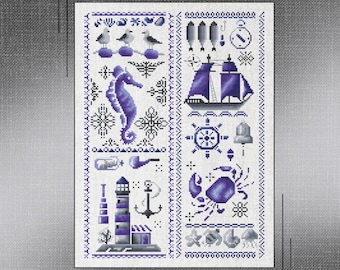 Seaside Escape Cross-Stitch Patterns, Tranquil Sailboats & Sea Life Embroidery, Maritime Cross Stitch Set with Seashells, Nautical Adventure