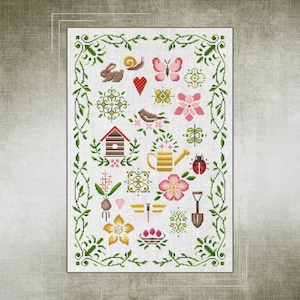 Springtime Sampler: Floral Garden Cross Stitch Pattern for Nature&#39;s Harmony, Colorful Cross-Stitch Design, Springtime Splendor Sampler