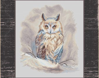 Winter Owl Cross Stitch Pattern - Silent Sentinel in Snow, Owl Embroidery Design | Wildlife Needlework
