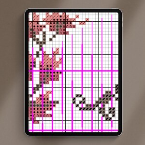 May include: A digital cross-stitch pattern displayed on a tablet. The design features a floral motif in shades of pink and brown, set against a white grid. Vertical pink lines overlay the pattern, creating a visual guide for stitching.