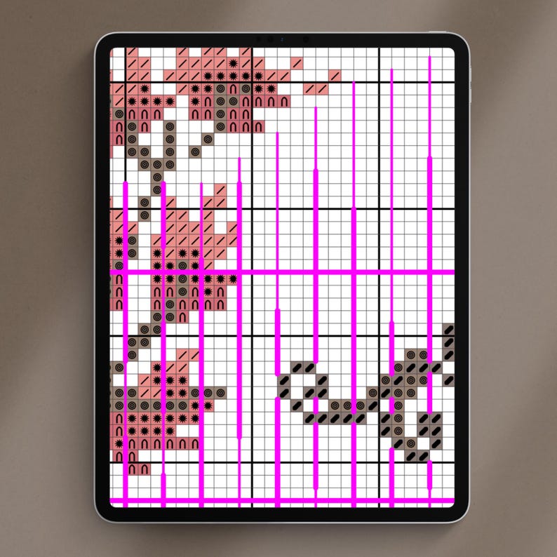 May include: A digital cross-stitch pattern displayed on a tablet. The design features a floral motif in shades of pink and brown, set against a white grid. Vertical pink lines overlay the pattern, creating a visual guide for stitching.