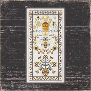 蜂と花の庭のクロスステッチパターン - 素朴な蜂にインスパイアされたデザイン、蜂蜜と蜂のサンプラークロスステッチパターン