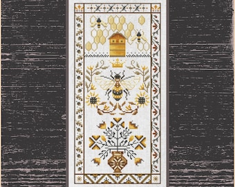 Bee and Floral Garden Cross-Stitch Pattern - Rustic Bee Inspired Design, Honey and Bees Sampler Cross Stitch Pattern