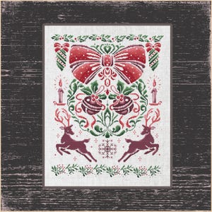 Christmas Bow and Bells Sampler Cross Stitch Pattern, Seasonal Cross Stitch Pattern -  Wintertime Decor, Holiday Deer & Bow
