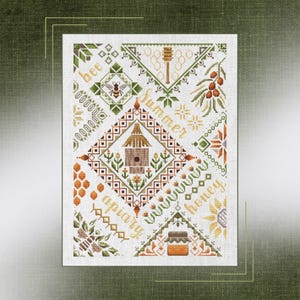 Summer Apiary and Honey Sampler Cross-Stitch Pattern - Nature-Inspired Embroidery Design, Handmade Bee and Floral Cross-Stitch Chart