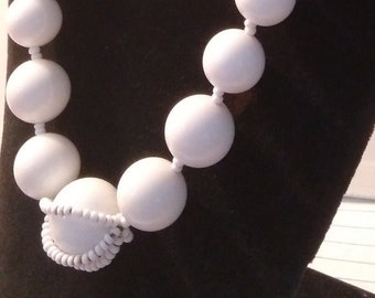 Vintage Miriam Haskell White Milk Glass Bead Long Necklace