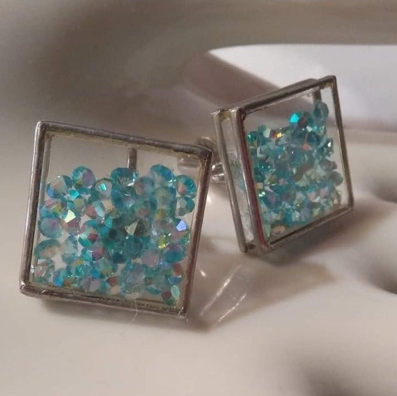 Vintage 1980's Clear Glass Box Clip-on Earrings F… - image 1