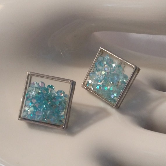 Vintage 1980's Clear Glass Box Clip-on Earrings F… - image 3
