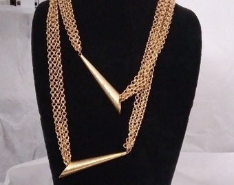 Vintage 1980s Gold Tone Chain Necklace, Cone Pendants, 47" Long