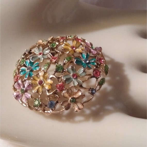 Vintage MONET Enamel Pastel Floral Brooch Pin with Swarovski Rhinestones