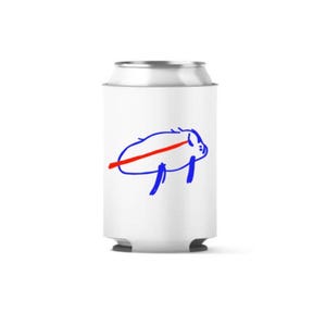 May include: White can cooler featuring a blue and red buffalo logo. The logo is a stylized drawing of a buffalo with a red line through it. The can cooler is designed to keep beverages cold.