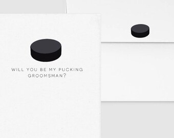 Will you be my pucking groomsman?  - Punny Groomsman Card, Greeting Card, Hockey, Sports