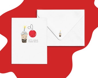 Jingle Balls Boba, Christmas Cards, Punny Christmas Cards, Boba Card, Punny Holiday Cards, Christmas Gifts, Bubble Tea Card, ornament card