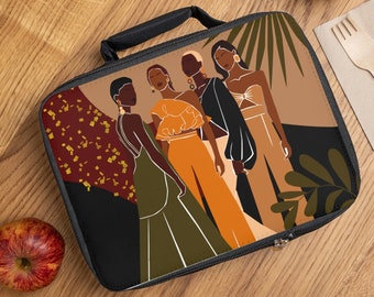 May include: A black lunch bag with a zipper closure features a colorful illustration of four women in various poses. The background is a brown and black abstract design with leaves and flowers.