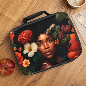 Floral Brown Girl Lunch Bag: Insulated Black Women&#39;s Work Bag