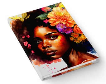 Afro Woman Flower Journal: Schwarze Mädchen Kunst, leer oder liniert