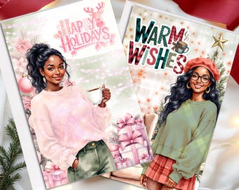 Black Woman Christmas Cards: Melanin Holiday Greeting Cards- 2 pack