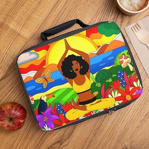 Black Woman Yoga Lunch Bag: Insulated Zippered Lunchbox