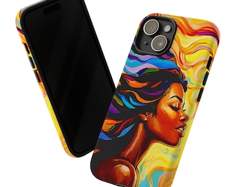 May include: A colorful phone case with a vibrant abstract design featuring a woman with flowing hair. The case has a yellow, orange, blue, and purple color scheme.