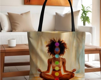 Draagtas Afrocentrische chakra: Afro-Amerikaanse vrouw yoga-ontwerp