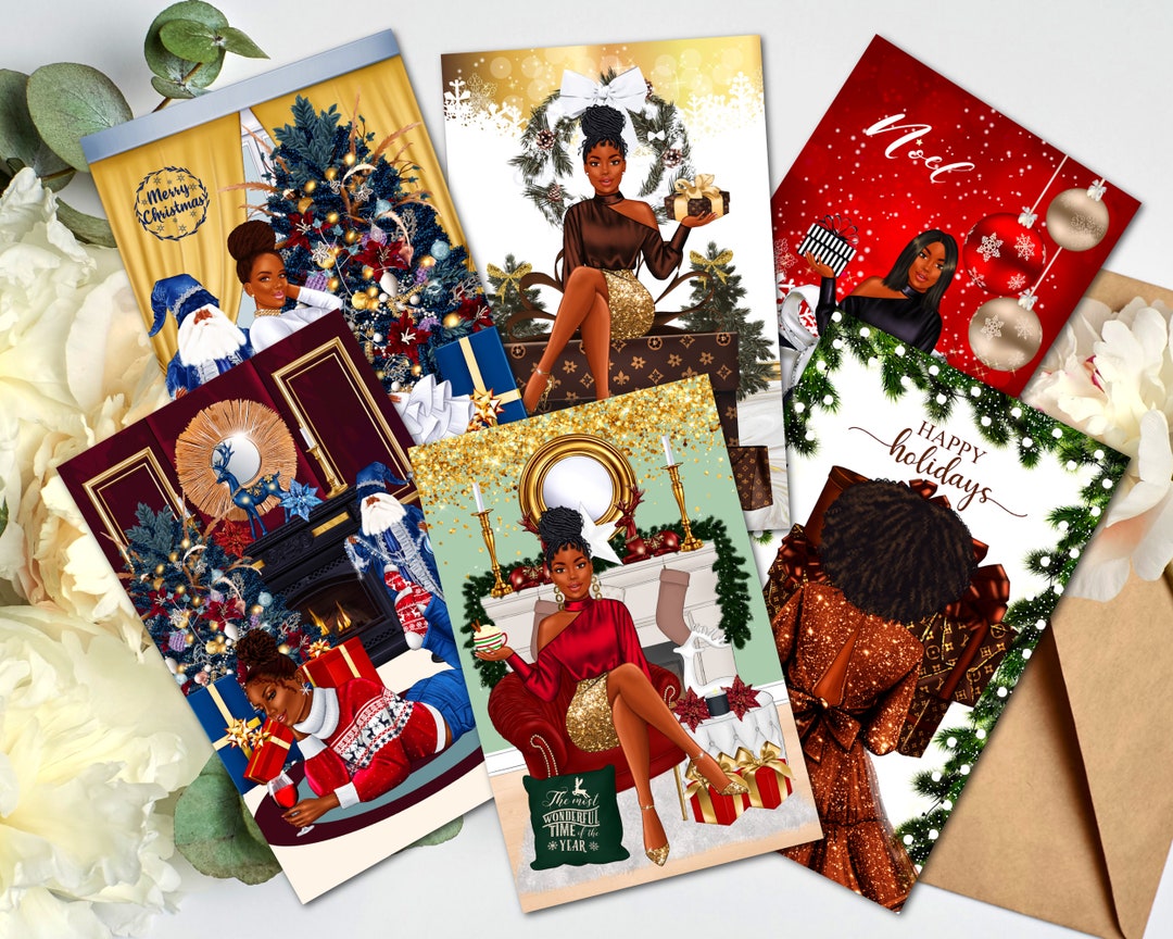 6 Count Black Christmas Cards, African American Greeting Cards