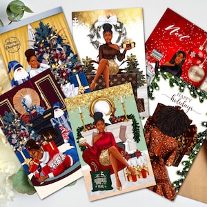 6 Tellen - Zwarte kerstkaarten, Afro-Amerikaanse wenskaarten, kerstkaarten voor zwarte vrouwen, melaninekaarten, zwarte meisjes kerstkaarten