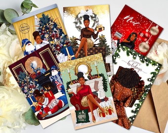 6 Count - Black Christmas Cards, African American Greeting Cards, Christmas Cards for Black Women, Melanin Cards, Black Girl Christmas Cards