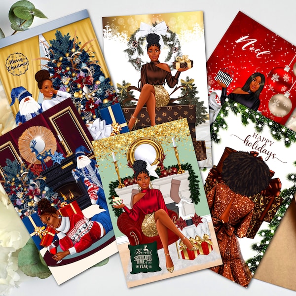 6 Count - Black Christmas Cards, African American Greeting Cards, Christmas Cards for Black Women, Melanin Cards, Black Girl Christmas Cards