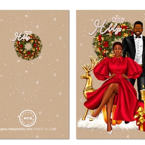 May include: A Christmas card featuring a couple in a festive setting. The woman is wearing a red dress and sitting on a golden reindeer. The man is standing behind her, wearing a black suit. The card has a gold background with snowflakes and the text "Happy Holidays".