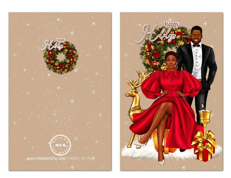 May include: A Christmas card featuring a couple in a festive setting. The woman is wearing a red dress and sitting on a golden reindeer. The man is standing behind her, wearing a black suit. The card has a gold background with snowflakes and the text "Happy Holidays".