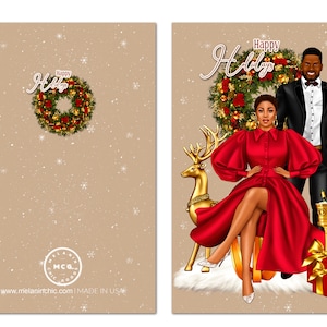 May include: A Christmas card featuring a couple in front of a decorated Christmas tree. The woman is wearing a red dress and sitting on a golden reindeer. The man is standing behind her, wearing a black suit. The card has the text "Happy Holidays" on it.