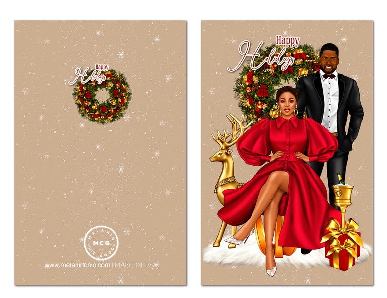 May include: A Christmas card featuring a couple in front of a decorated Christmas tree. The woman is wearing a red dress and sitting on a golden reindeer. The man is standing behind her, wearing a black suit. The card has the text "Happy Holidays" on it.