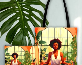May include: A tote bag with a colorful illustration of a woman meditating in a window with plants. The tote bag has a black handle and a white background.