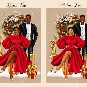 May include: A digital illustration of a couple in front of a Christmas wreath with the text "Happy Holidays". The woman is wearing a red dress and sitting on a golden reindeer. The man is wearing a black suit and standing behind her.