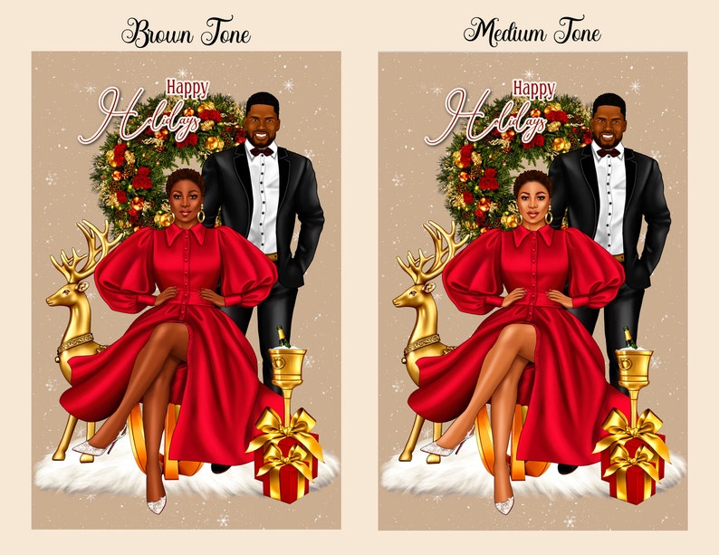May include: A digital illustration of a couple in front of a Christmas wreath with the text "Happy Holidays". The woman is wearing a red dress and sitting on a golden reindeer. The man is wearing a black suit and standing behind her.