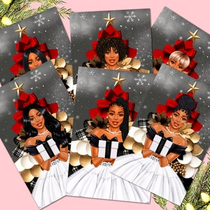 6 Count - Schwarze Weihnachtskarten, afroamerikanische Grußkarten, Weihnachtskarten für schwarze Frauen, Melanin-Karten, schwarze Mädchen-Weihnachtskarten