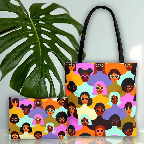 Melanin Faces Tote Bag Makeup Pouch Bundle, African American Tote Bag, Tote for Black Women, Black Girl Tote Bag, Travel Pouch