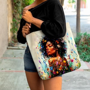 Melanin Flower Tote Bag: African American Woman Art, Travel Pouch Bundle