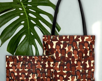 Melanin Girls Tote Bag Paquete de bolsa de maquillaje, Bolsa de mano afroamericana, Tote para mujeres negras, Bolsa de mano de niña negra, Bolsa de viaje