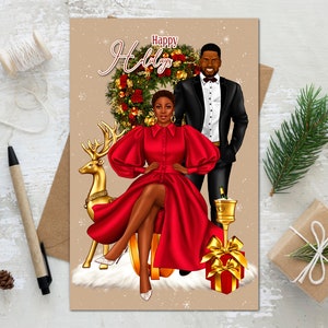 May include: A Christmas card featuring a couple in front of a gold reindeer and a wreath. The woman is wearing a red dress and the man is wearing a black suit. The card says "Happy Holidays".