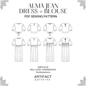 以下が含まれることがあります： Alma Jean Dress + Blouse PDFソーイングパターンの白黒イラスト。パターンには、さまざまな袖と背中のディテールオプションを備えたブラウスとドレスのデザインが含まれています。スキルレベルは中級で、サイズは00〜30です。